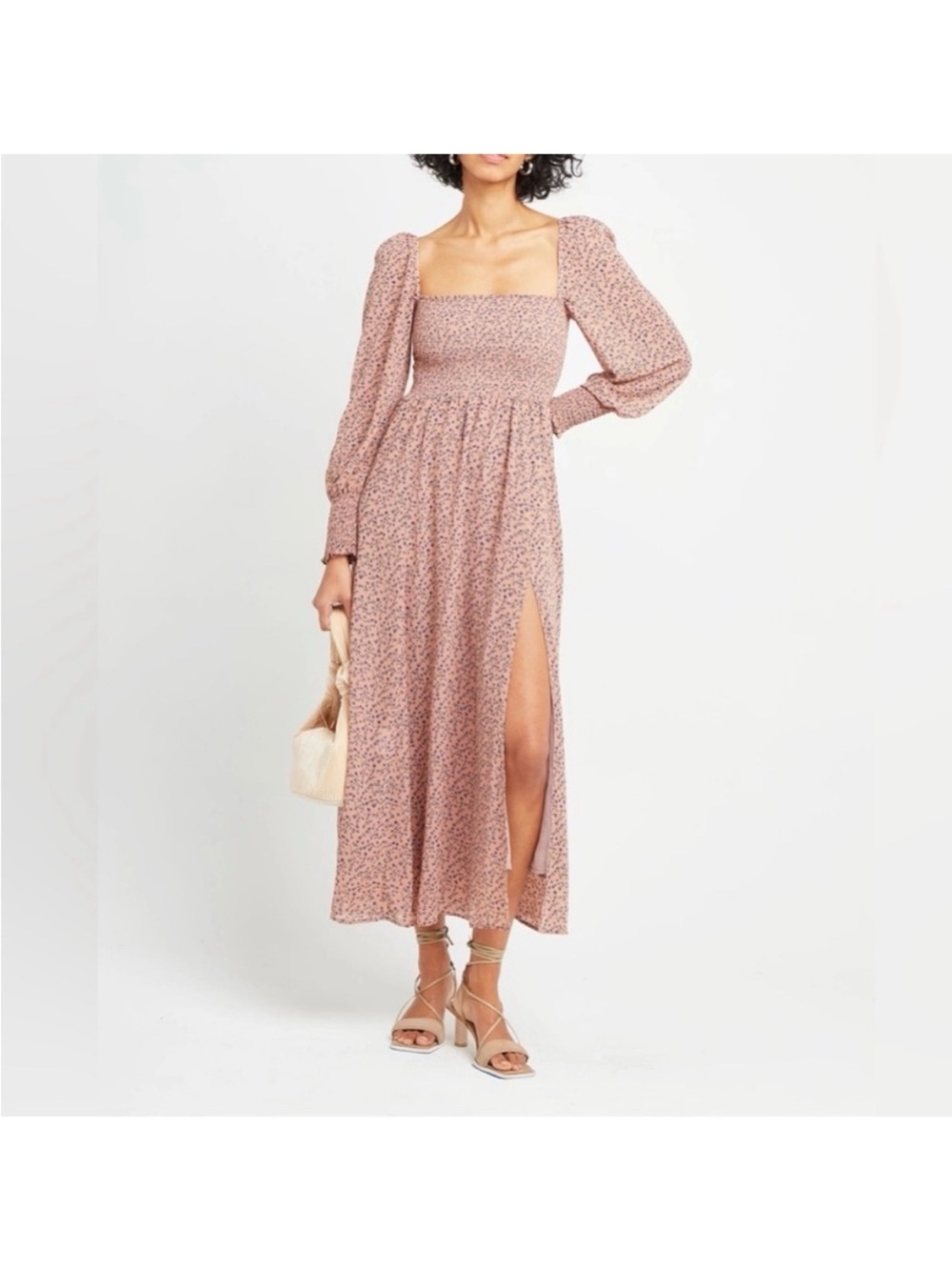 Smocked Square-Neck Maxi Dress in Rose Floral